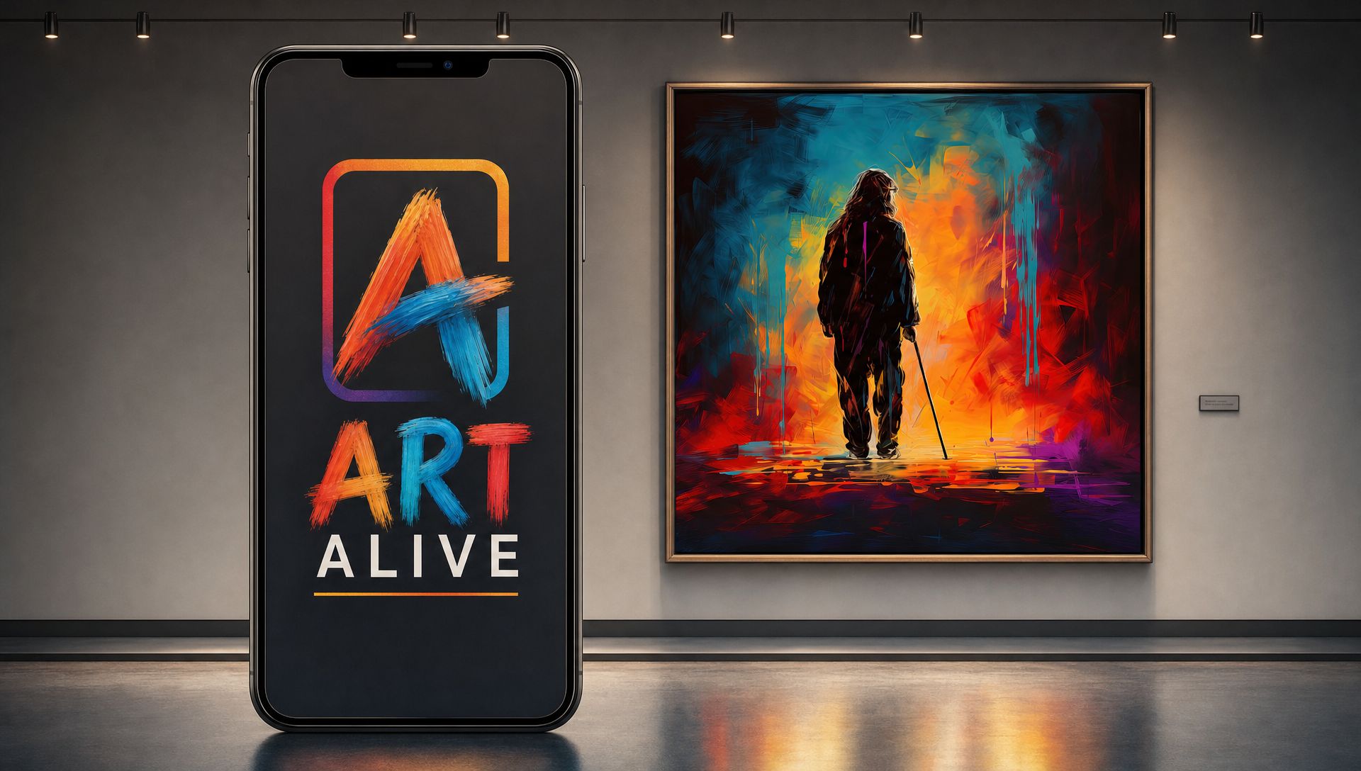A phone showing Art Alive in front of a large painting on a gallery wall.