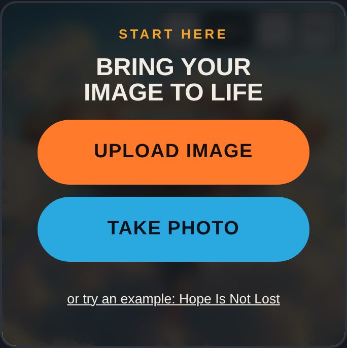 The studio start card with Upload image and Take photo buttons.