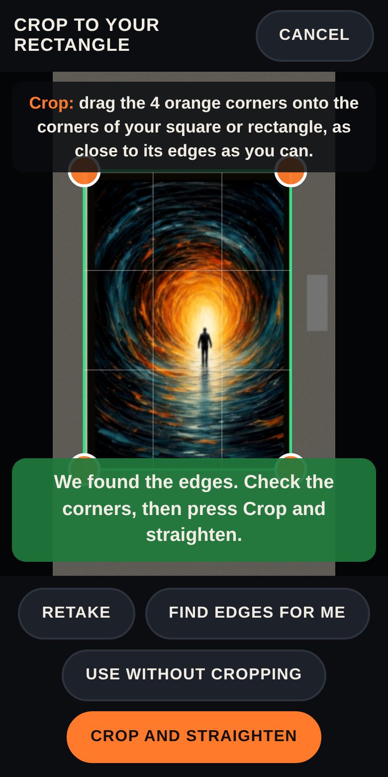 The crop tool with four orange corner handles on a poster.