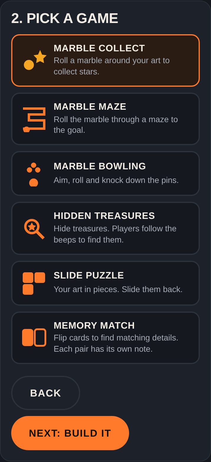 The six game choices in the Game Maker.