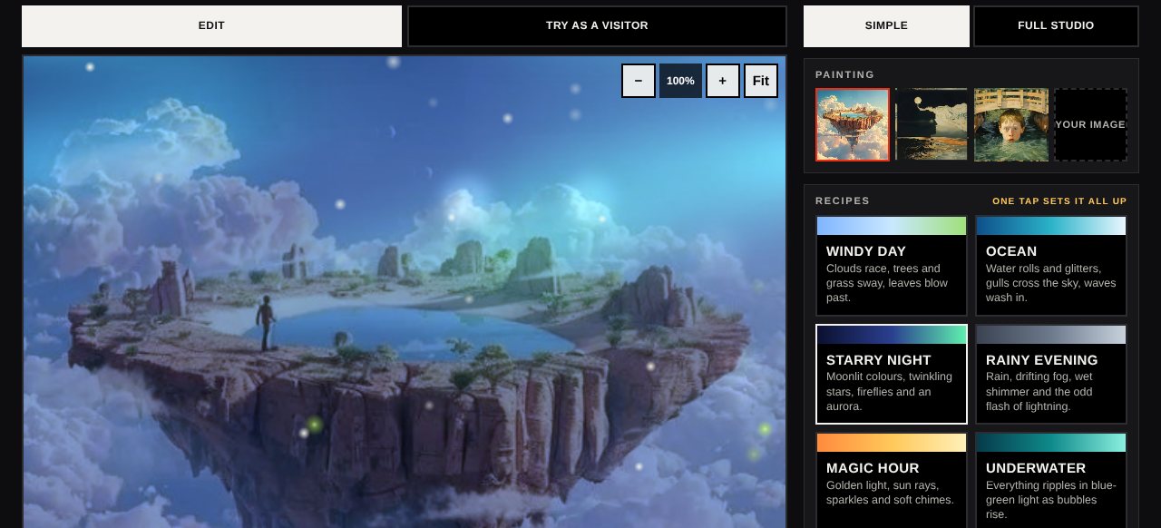 The Art Alive Creator Studio with a painting and the recipe buttons.
